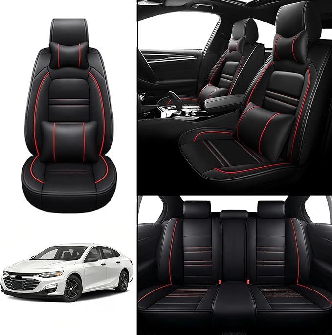Car Seat Covers for Chevy Malibu 2004-2025 | 5-Seats Seat Covers, Waterproof Seat Protectors, Automotive Seat Covers (Full Set with Pillow,Black&Red Line)