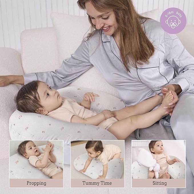 Little Grape Land Muslin Nursing Pillow, Soft 100% Cotton Breastfeeding Pillow with Breathable Cotton Removable Cover, Fog Flower Breast Feeding Pillows for Babies 0-12 Months with Protective Zipper