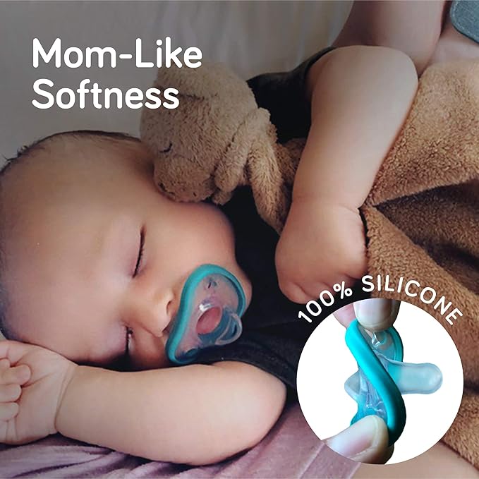 Nanobebe Baby Pacifiers 0-3 Month - Orthodontic, Curves Comfortably with Face Contour, Award Winning for Breastfeeding Babies, 100% Silicone, Baby Registry Gift 4pk,Teal/Grey