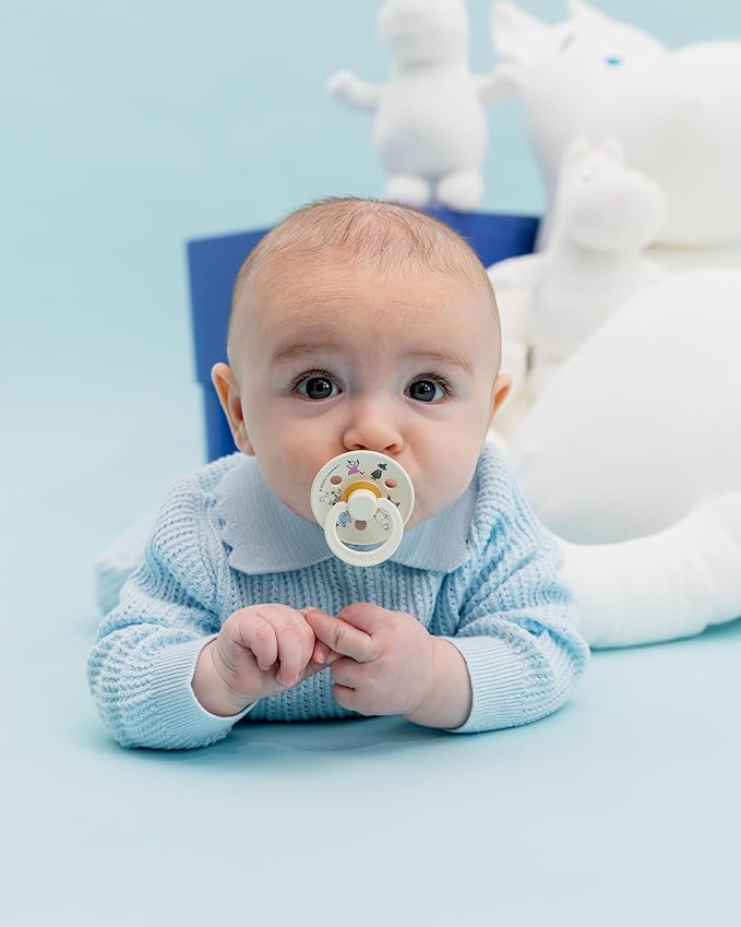 BIBS Colour Moomins Pacifier 2-Pack, BPA Free Pacifier, Round Nipple. Natural Rubber Latex, Made in Denmark, Size 1 (0-6 Months), Candy Apple/Petal