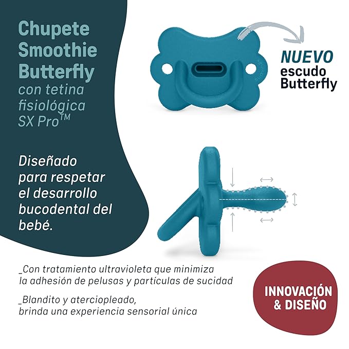 Color Essence SX PRO Silicone Butterfly Baby Pacifier 1Pk, Made with 100% Soft Silicone, Baby Essentials Perfect for Breastfeeding Babies, Designed in Spain, 6-18 Mths, Infinity Blue