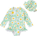 Infant Baby Girl Swimsuit One-Piece Long Sleeve Rash Guard with Hat Set Floral Zipper Bathing Suit Leopard Beach Wear