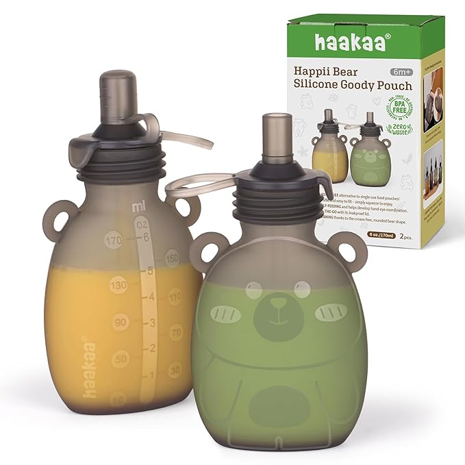 haakaa Happii Bear Silicone Goody Pouch,Reusable Baby Food Pouches for Homemade Organic Purees, Juices, Smoothies, and Yogurt - Perfect for Toddlers and Kids - 2 Pack, 6oz