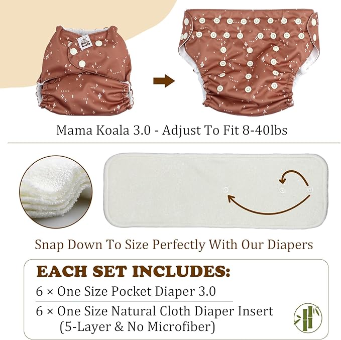 Mama Koala 3.0 Pocket Cloth Diapers for Babies with AWJ Lining, 6 Pack with 6 5-Layer Natural Cloth Diaper Inserts - Reusable and Washable Pocket Diapers(A-The Gray Sky)