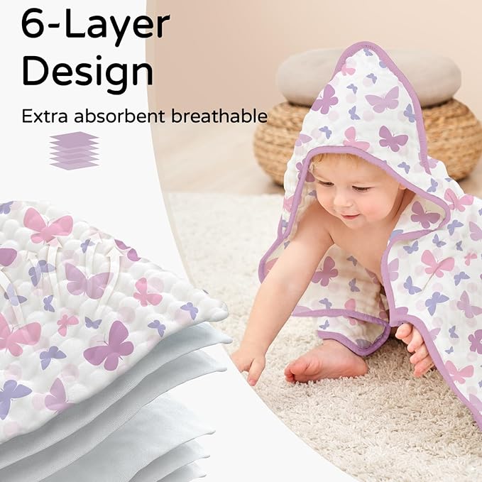 Yoofoss Hooded Baby Towels for Newborn 2 Pack 100% Muslin Organic Cotton Baby Bath Towel with Hood for Babies, Infant, Toddler and Kids, 32x32Inch, Soft and Absorbent Newborn Essential, Butterfly