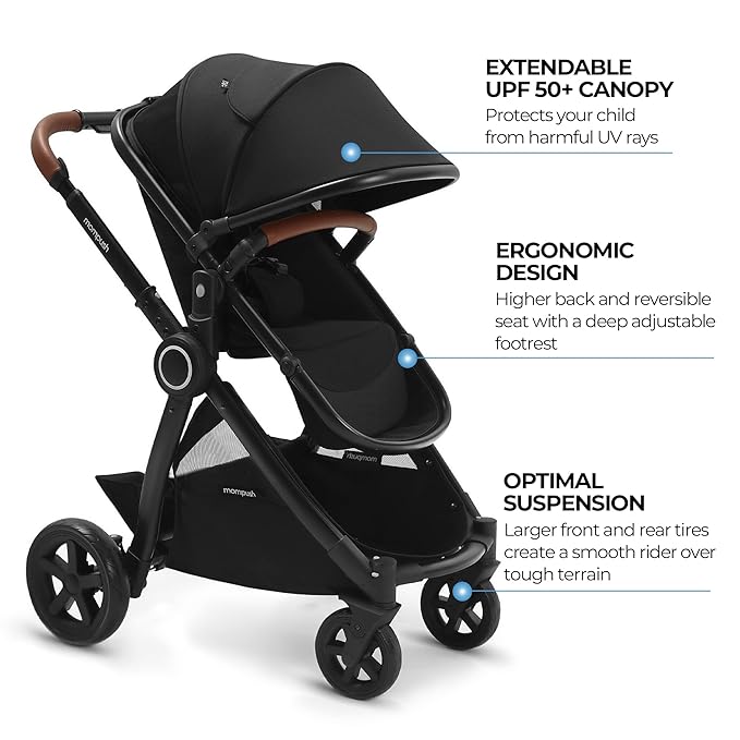 Mompush Ultimate2 Baby Stroller, Premium Convertible Full-Size Stroller for Toddler, Reversible Seat with One Hand Recline Adjustment, Car Seat Adapter Included