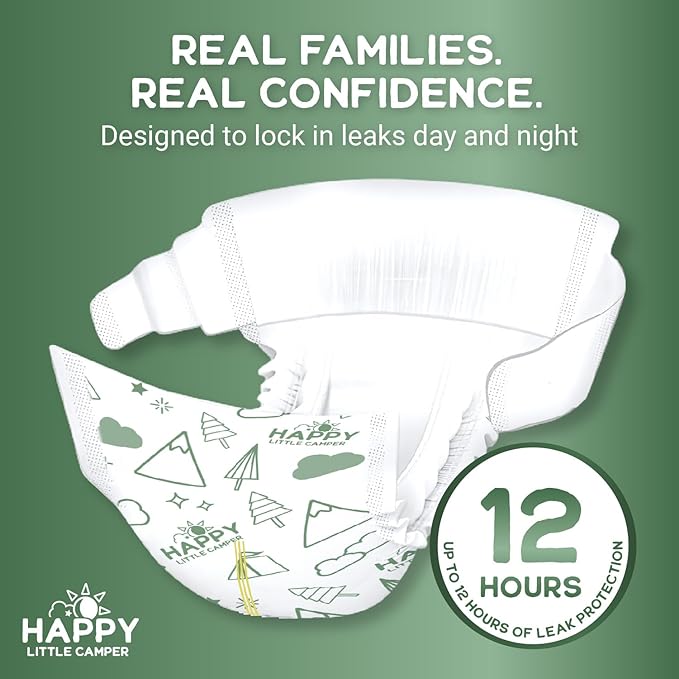 Happy Little Camper Super Saver Diapers, Size 2, 25 Count | Budget-Friendly Disposable Baby Diapers for Sensitive Skin | Hypoallergenic, Fragrance-Free, Ultra Absorbent