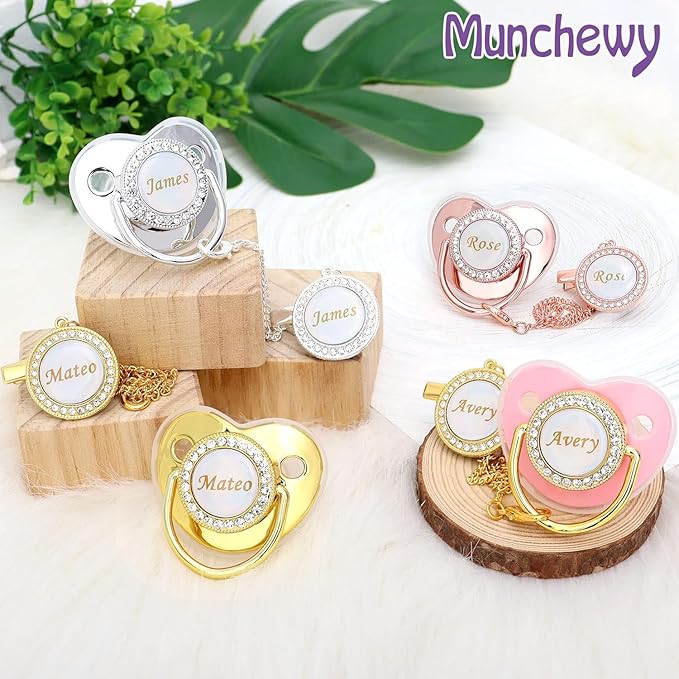 Personalized Pacifier with Name, Customized Pacifier Clip Set with Gift Box, Glitter Crystal Luxurious Soother Dummy Ideal Gift for Boys Girls Baby Shower Newborn Photography(Bling Gold)