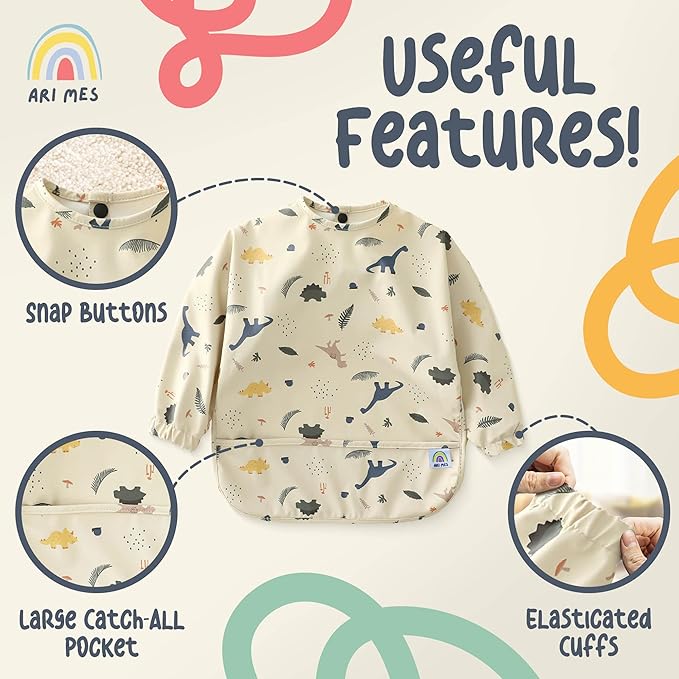 ARI MES Long Sleeves Waterproof Baby Bibs for Eating - Green, Small - Wearable, Coverall for Toddler, Long Sleeve Bib, Smock Apron for Feeding - Applicable for 6-72 Months