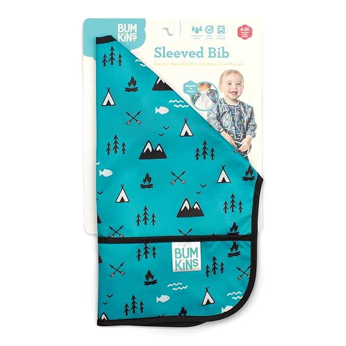 Bumkins Sleeved Bib for Girl or Boy, Baby and Toddler for 6-24 Mos, Essential Must Have for Eating, Feeding, Baby Led Weaning Supplies, Long Sleeve Mess Saving Food Catcher, Fabric, Outdoors Blue