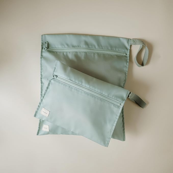 mushie Water Resistant Wet Bags | Large & Small Reusable Storage Bag for Baby Items and Travel | Zippered Pockets with Handle | Machine Washable, Set of 2 (Roman Green)