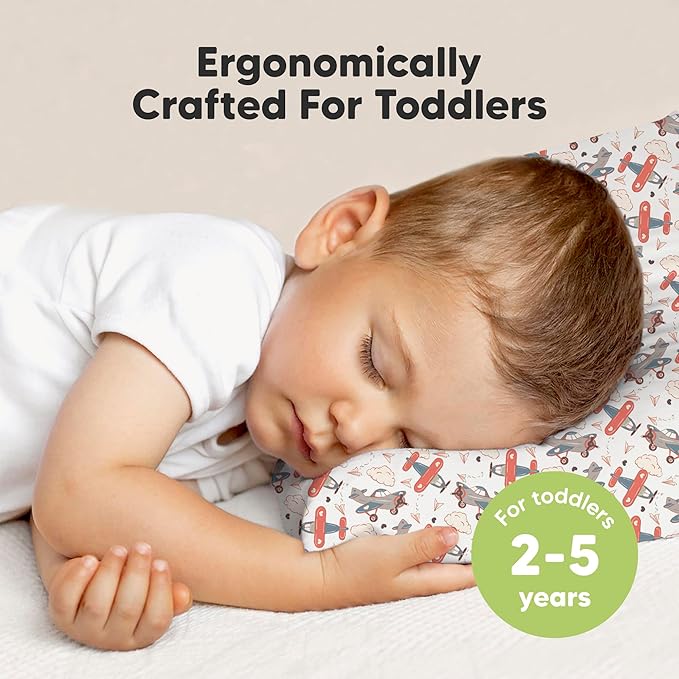Toddler Pillow with Pillowcase - 13x18 My Little Dreamy Kids Travel Bed Pillows for Sleeping, Organic Cotton Small Pillowcase, Soft & Breathable, Machine Washable, Toddlers 2-5 Years Old (Aircraft)