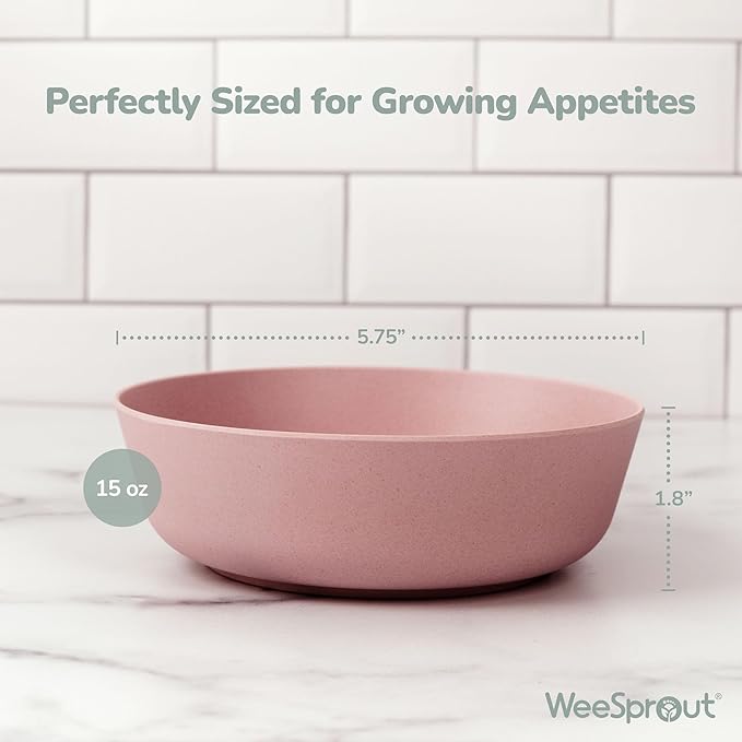 WeeSprout Bamboo Kids Bowls, Set of Four 15 oz Kid-Sized Dinnerware, Cereal, Leftovers & Snack Bowl, Dishwasher Safe (Blue, Yellow, Orange, & Red)