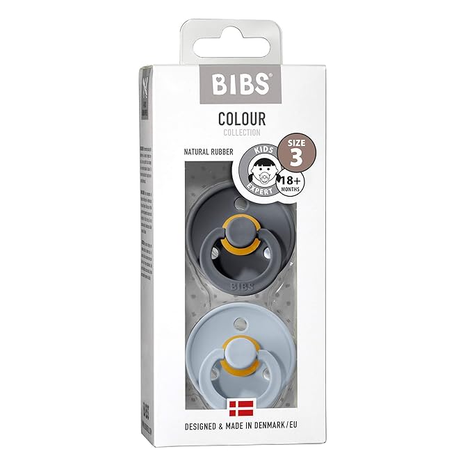 BIBS Pacifiers Colour Collection | Natural Rubber Baby Pacifier | Set of 2 BPA-Free Soothers | Made in Denmark | 18+ Months (Pack of 2) | Baby Blue/Iron