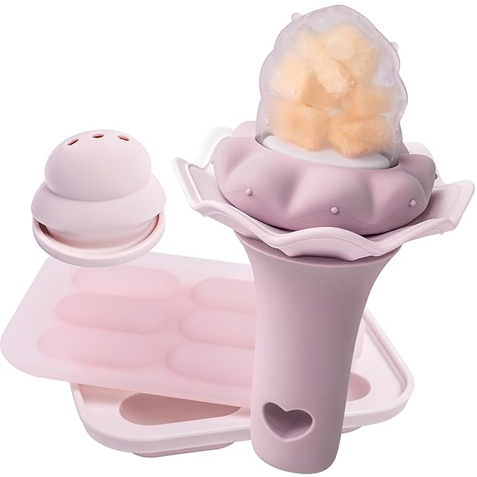 Moonkie Baby Fruit Feeder with Freezer Tray, BPA Free Silicone Food Feeder for Infant Self Feeding, Breastmilk Popsicle Molds, Mesh Feeder with Two Pouches, Baby Shower Gifts 4 Months+, 1 Pack