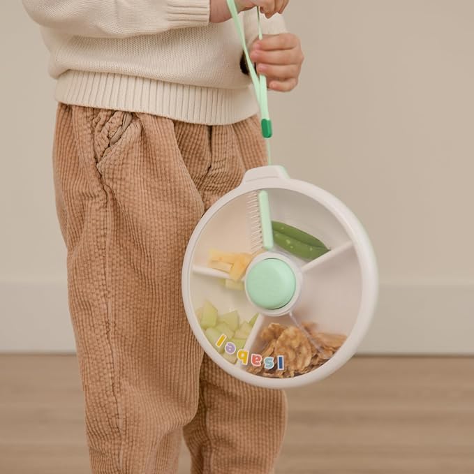 GoBe Kids Large Snack Spinner Slide Bundle with Hand Strap and Sticker Sheet - Reusable Snack Container with 4 Compartment Dispenser and Lid | BPA/PVC Free | Dishwasher Safe | No Spill - Macaron Blue