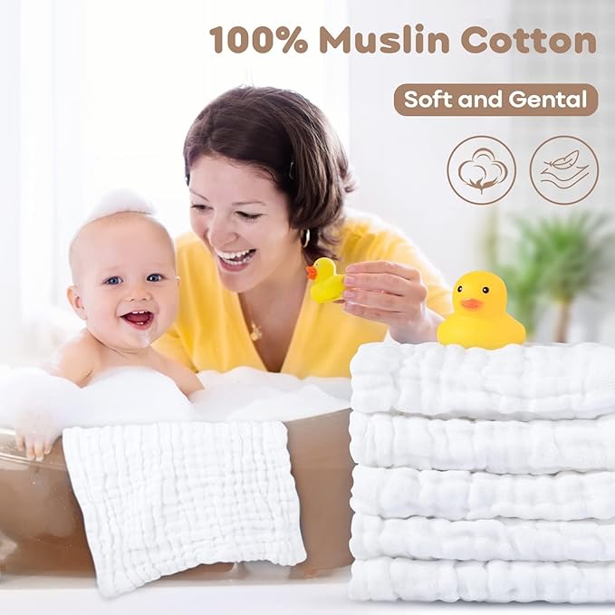 Yoofoss Muslin Baby Washcloths 100% Cotton Face Towels 6 Pack Wash Cloths for Baby 12x12in Soft and Absorbent Baby Wipes (White)