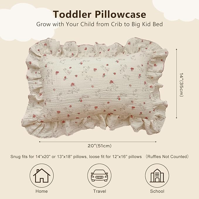 BuLuTu Cute Flower Rabbit Toddler Pillowcase for Girls Boys Soft Breathable Muslin Cotton Kids Pillow Covers, Animal Themed Small Pillow Case for Crib/Toddler Bed, 14"x20", Envelope Closure