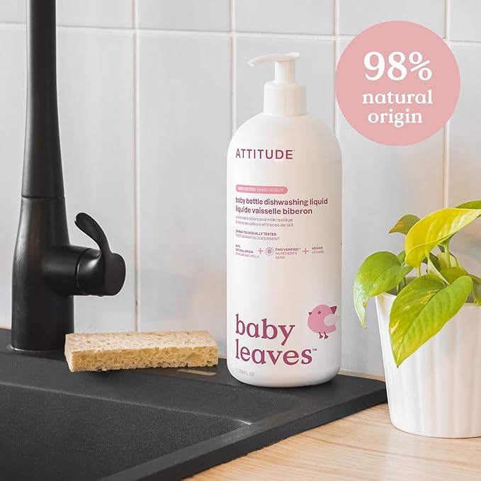 ATTITUDE Baby Dish Soap and Bottle Cleaner, EWG Verified Dishwashing Liquid, No Added Dyes or Fragrances, Tough on Milk Residue and Grease, Vegan, Unscented, 33.8 Fl Oz