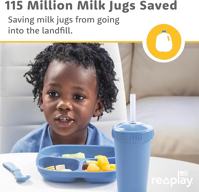 Re-Play Toddler Plates with Dividers - Deep-Walled 3 Compartments Divided Plates for Kids - Dishwasher & Microwave Safe - Made in USA - Set of 4-7.37" x 7.37" x 1.25" - Aqua