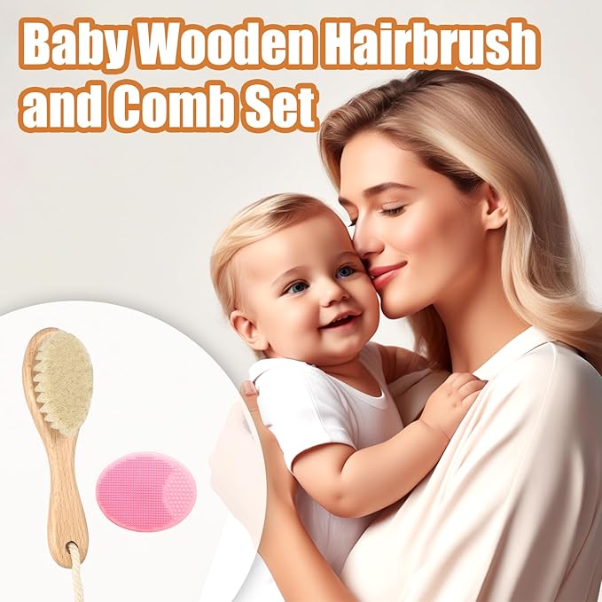 Wooden Soft Goat Bristles Brush with Baby Silicone Hair Scrubber Cradle Cap Brush for Newborn, Toddler, Infant, Baby Hair Care Kit (Pink)