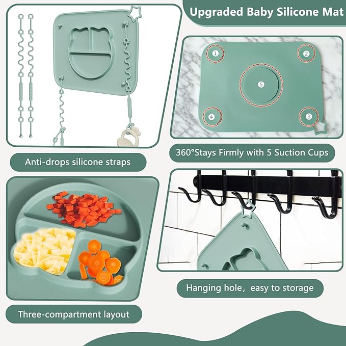 1 Pack Silicone Mat for Babies, Baby Placemat Built-in Suction Base and Equipped 4 Toy Straps & Anti-Peel Design, Activity Mat for Infants to Toddlers, Keeps Babies Essentials Off The Floor, Blue