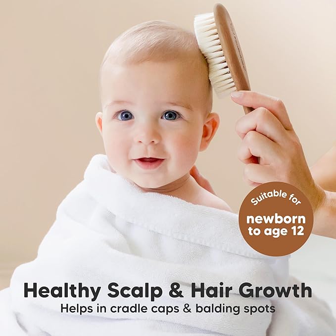 Wooden Baby Hair Brush - Cradle Cap Baby Brush with Soft Goat Bristles, Perfect Gentle Scalp Newborn Comb for Infant, Girls, Boys, Bath Essentials(Dark Walnut, Oval)