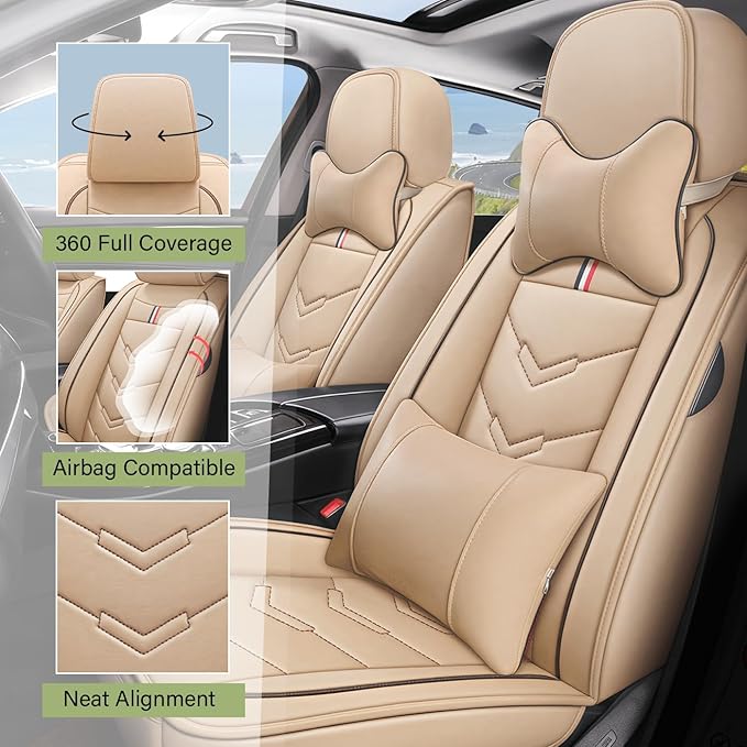 Leather Car Seat Covers Fit for LR Defender 2020-2025, 5 Seater Waterproof and Wear-Resistant Seat Cover Interior Accessories(Full Set with Pillow,Beige)