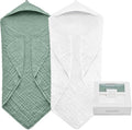 Hooded Baby Towels for Newborn, 35x35 Inch 2 Pack 100% Muslin Cotton Baby Bath Towel, Soft Baby Beach Towels with Hood for Infants, Toddlers and Kids, (Roman Green + White)