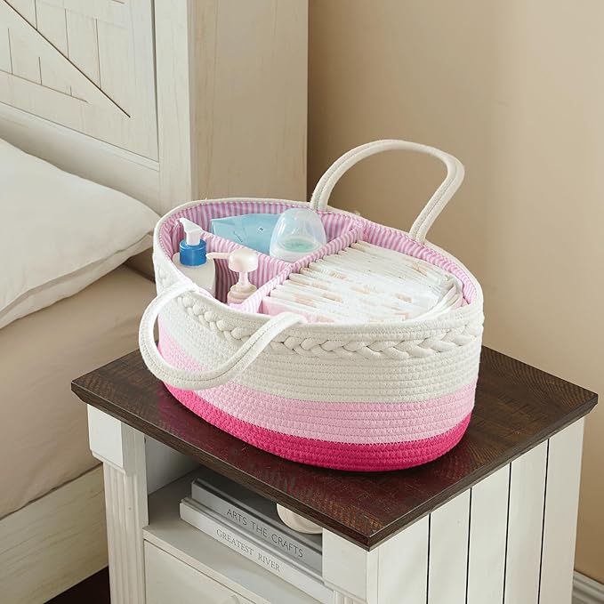 Baby Diaper Caddy Organizer, Extra Large Cotton Rope Nursery Diaper Basket, Changing Table Organizer, Portable Tote Bag with Divider, Car Storage, Baby Shower Gifts for Newborn Girls - Pink