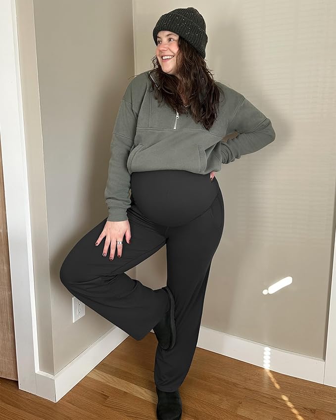 G4Free Maternity Pants Over The Belly Yoga Dress Work Pregnancy Pants Stretchy Lounge Wide Leg Trousers with Pockets