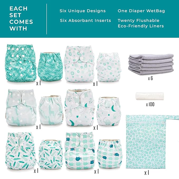 Simple Being Reusable Cloth Diapers, Double Gusset, One Size Adjustable, Washable Soft Absorbent, Waterproof Cover, Eco-Friendly Unisex Baby Girl Boy, six 4-Layers Microfiber Inserts (Christmas)