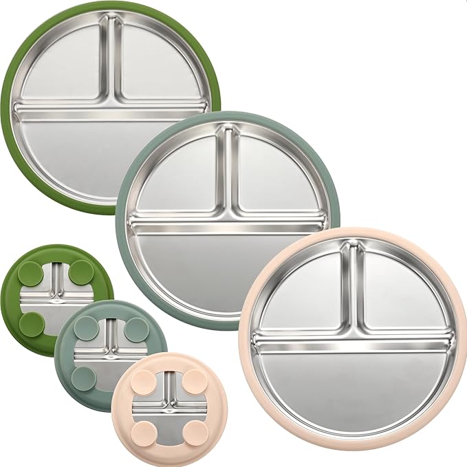 3Pack Sainless Steel Kids Plates with Suction, 8.1” Divided Toddler Baby Plates with Removable Silicone Sleeves BPA Free Non-Slip 2-in-1 Anti Breakage Metal Toddler Bowls
