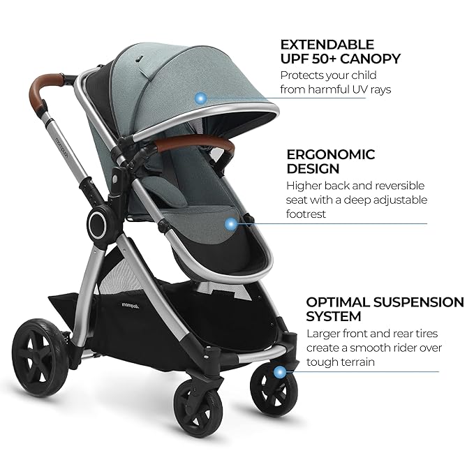 Mompush Ultimate2 Baby Stroller, Premium Convertible Full-Size Stroller for Toddler, Reversible Seat with One Hand Recline Adjustment, Car Seat Adapter Included