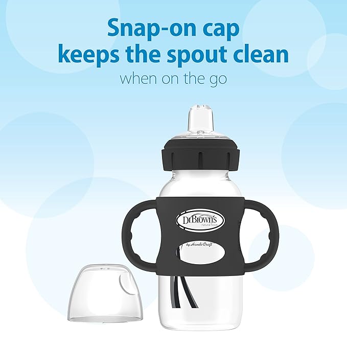 Dr. Brown's Milestones Wide-Neck Sippy Spout Bottle with 100% Silicone Handles, Easy-Grip Handles with Soft Sippy Spout, 9oz/270mL, Black & Ecru, 2-Pack, 6m+