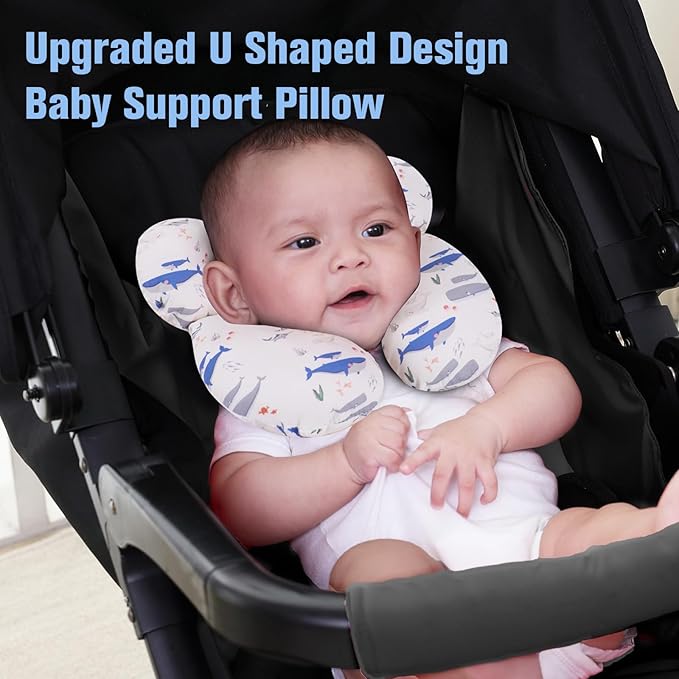 KAKIBLIN Baby Travel Pillow,Upgraded Baby Neck Pillows for Car Seat,Support Pillow,Infant Pillows for Head and Neck,Newborn Head Support for Car Seat,Pushchair (Whale)