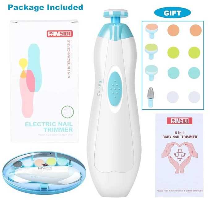 Baby Nail Clippers, FANSIDI Safe Baby Nail Trimmer Baby Nail File Electric with 10 Filing Pads 8 Sandpapers for Newborn Infant Toddler or Adult Toes Fingernails Care - AA Battery Operated (White/Blue)