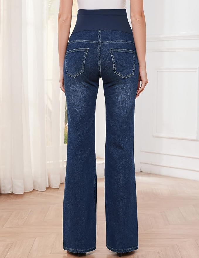 GLAMIX Women's Stretch Maternity Bootcut Jeans with Pockets Over The Belly Bell Bottoms Flare Denim Pants Pregnancy Clothes