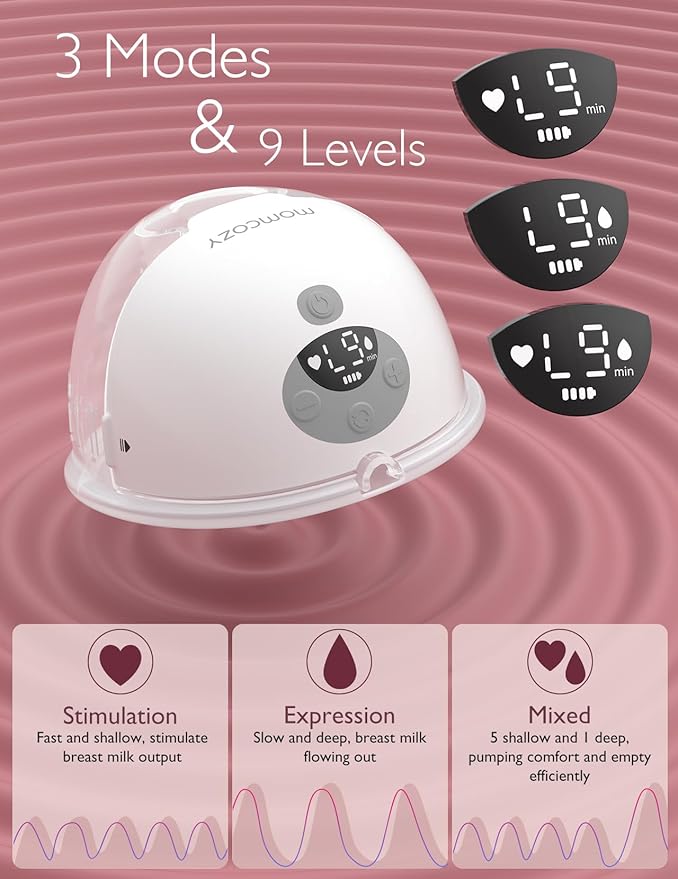Momcozy M5 Hands-Free Wearable Breast Pump, Double-Sealed Flange for Baby-Like Comfort, 3 Modes & 9 Suction Levels, Portable Electric Pump – 24mm, 2-Pack Quill Gray