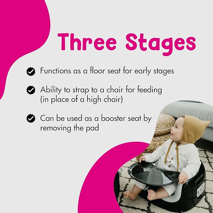 Bumbo 3-in-1 Multi-Seat for 6 to 36 Months, Travel Baby Feeding & Play Floor Seat, All-in-One Portable Booster with Tray & Toddler High Chair, Black/Cool Grey