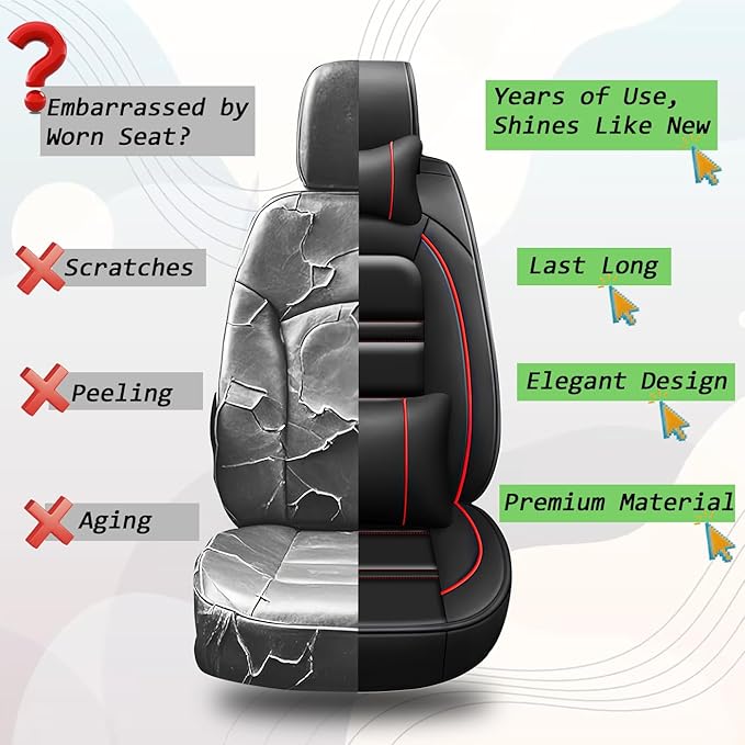 Car Seat Covers for Nissan Car Versa 2007-2025 | 5-Seats Seat Covers, Waterproof Seat Protectors, Automotive Seat Covers (Full Set with Pillow,Black&Red Line)