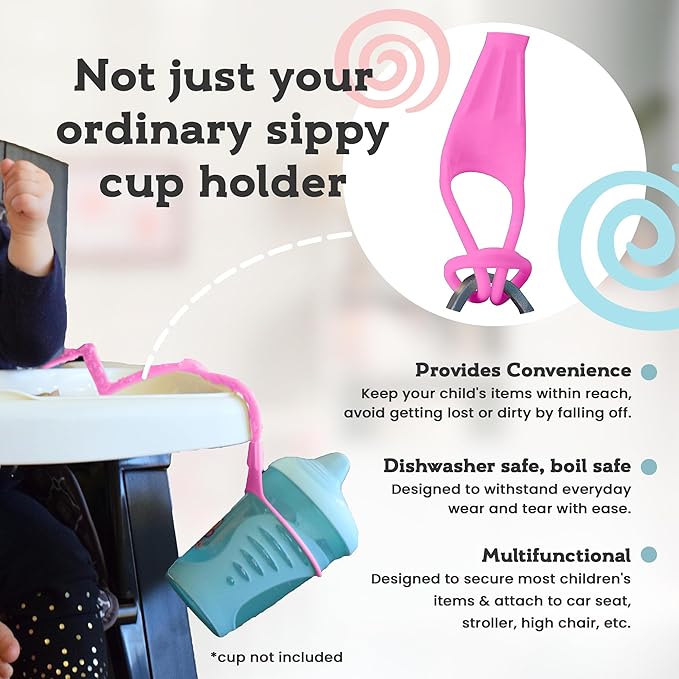 Brilli Baby Cup Catcher Patented Safety Tether Strap, Attach Sippy Cups, Bottles, Pacifiers & More to Stroller, High Chair, Car Seat, Made in USA, Food Grade, Dishwasher Safe (Aqua & Pink)