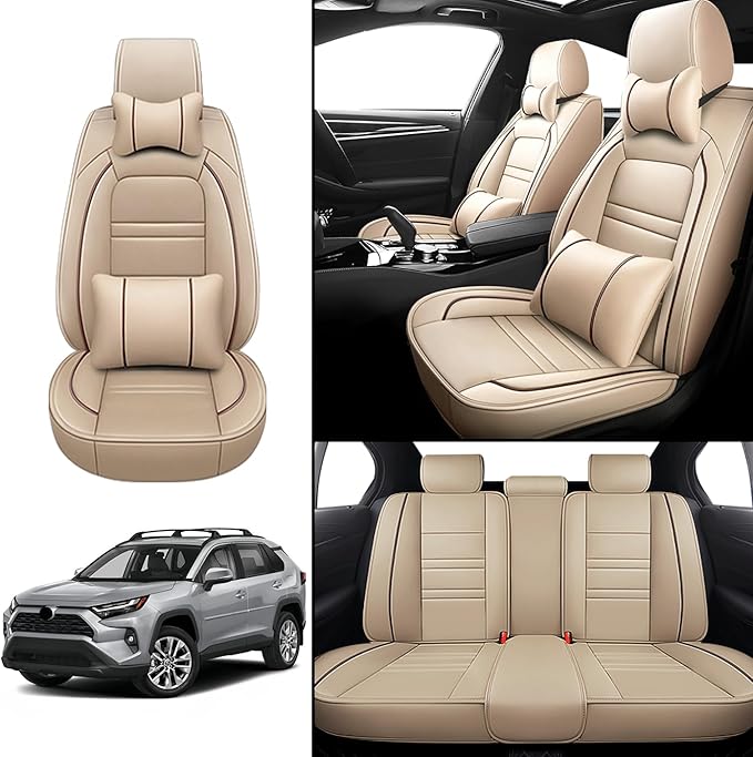 Car Seat Covers for Toyota Tacoma 2007-2025 | 5-Seats Seat Covers, Waterproof Seat Protectors, Automotive Seat Covers (Full Set with Pillow,Beige)
