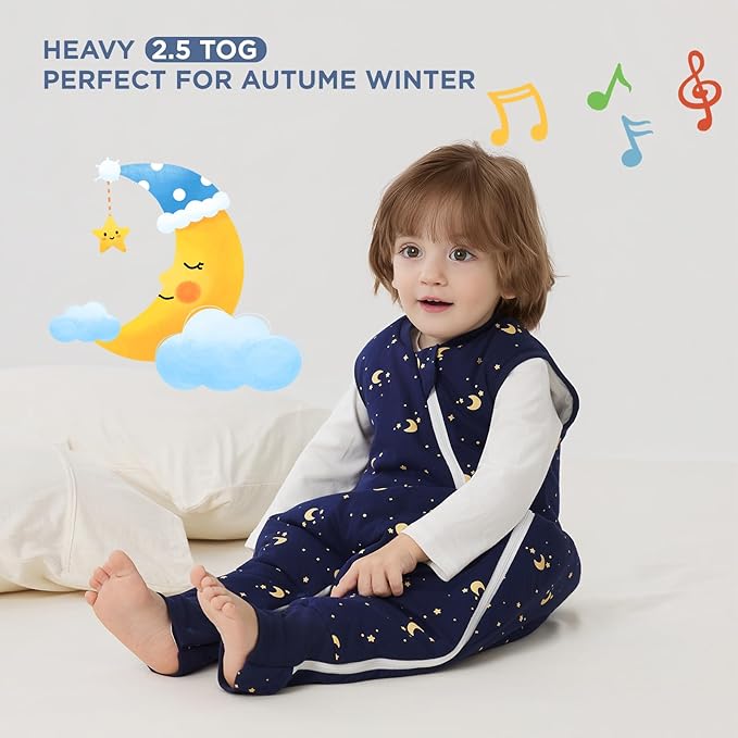 Duomiaomiao 2.5 TOG Toddler Sleep Sack 6-12 Months 100% Cotton Winter Side Open Zipper Baby Sleep Sack with Feet, Warm Toddler Wearable Blanket