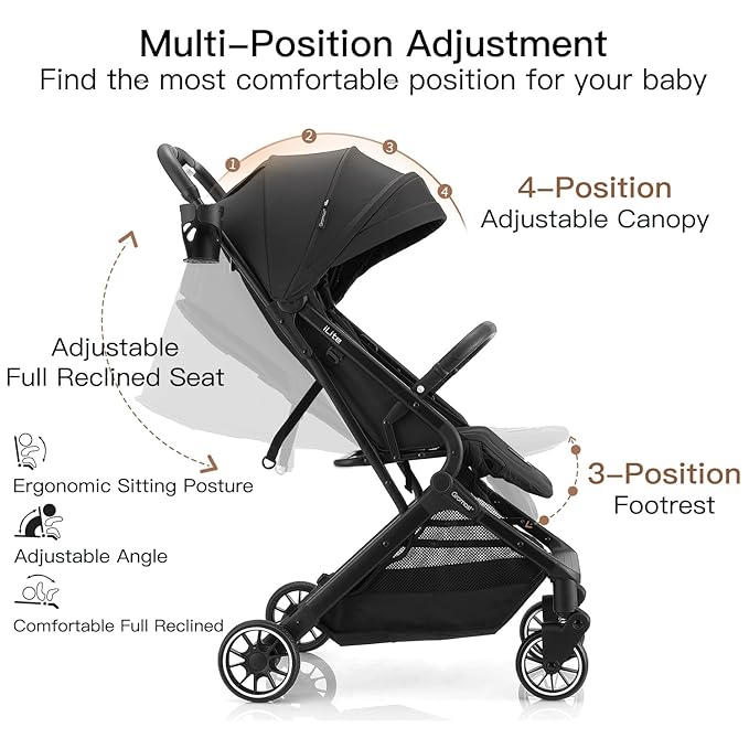 Compact Fold Baby Stroller, Lightweight Travel Toddler Stroller with One-Click Fold, Extendable UPF50+ Canopy, Cup Holder, UV Protected and Waterproof, One-Hand Folding - Black