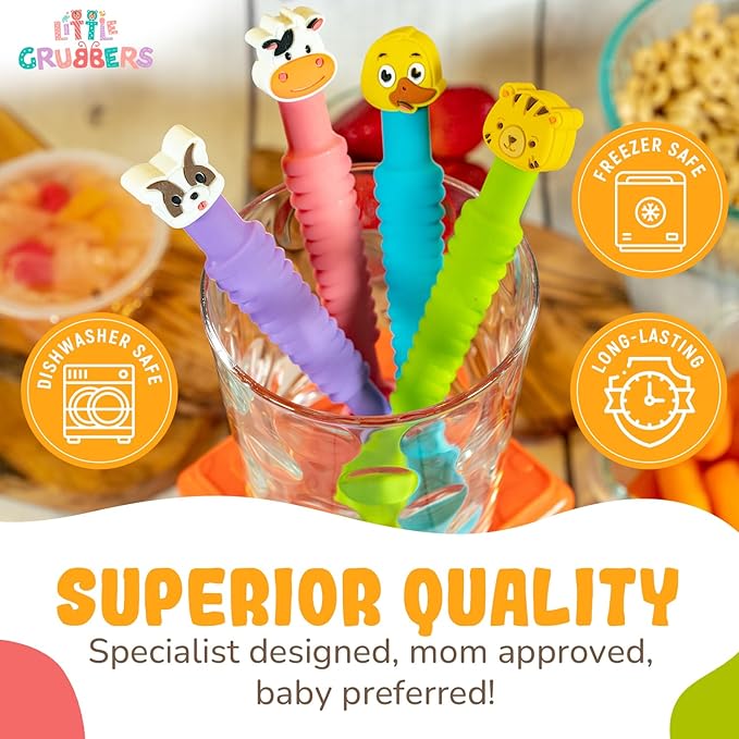 3-in-1 Silicone Baby Spoon Self Feeding 6+ Months - Pediatric OT Designed Teether Spoon, BPA Free Toddler Utensils, Mess-Free, Fun for Baby Led Weaning Supplies, Dog & Cow