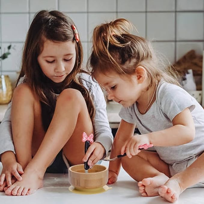 Baby Bamboo Bowls with Suction and Matching Spoon Set - 2PC Feeding Supplies Set for Infant, Toddlers - Detachable Silicone Suction Stay Put Base for Wooden Bowl - BPA Free （Mint）