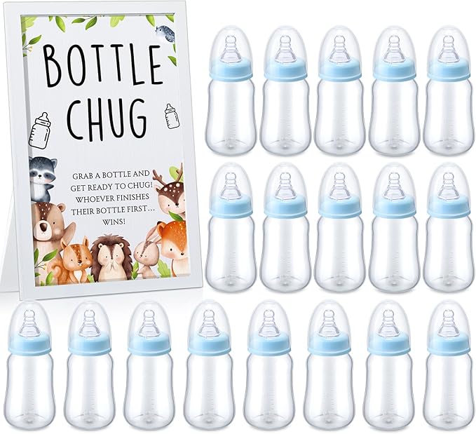 Roowest Bottle Chug Baby Shower Game Favors Including Woodland Animal Theme Wooden Sign and 18 Pcs Baby Bottles for Gender Reveal Party Supplies