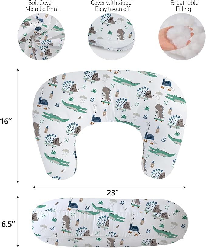 Little Grape Land Nursing Pillow,Upgraded Breast Feeding Pillow for Mom,Breastfeeding & Bottle Feeding for 0–14 Months, Soft Machine Washable Cover with Firm Breathable Filling, Tummy Time,Dinosaur