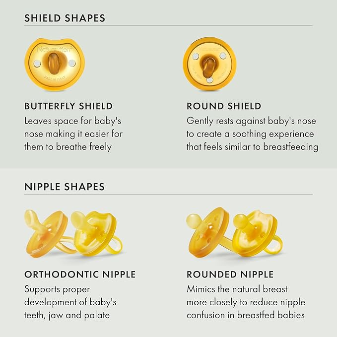 Natursutten Pacifiers 12-18 Months - 2-Pack Butterfly Shield Round Nipple Natural Rubber Safe & Soft BPA-Free Pacifiers for Breastfeeding Babies - Newborn Pacifiers Made in Italy